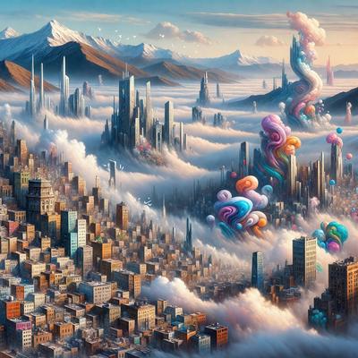 The primary subject of the image is a futuristic cityscape with a sky full of colorful clouds. The setting is a city with tall buildings, and the visual style is a digital art or illustration. The colors and mood of the image are vibrant and lively, with the clouds adding a sense of movement and dynamism to the scene.